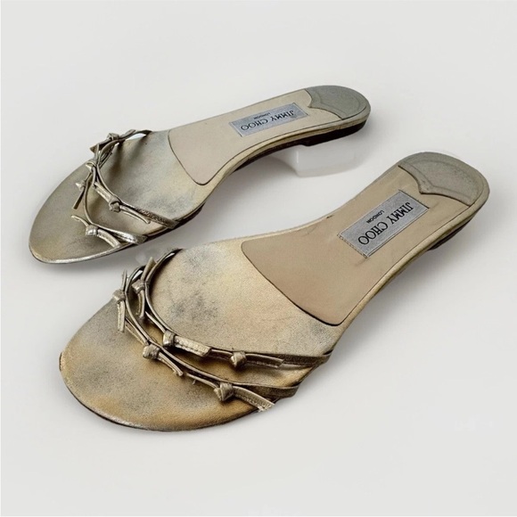 JIMMY CHOO GOLD FLAT LEATHER STRAPPY KNOT SLIDE SANDALS 41 EU - Picture 8 of 10
